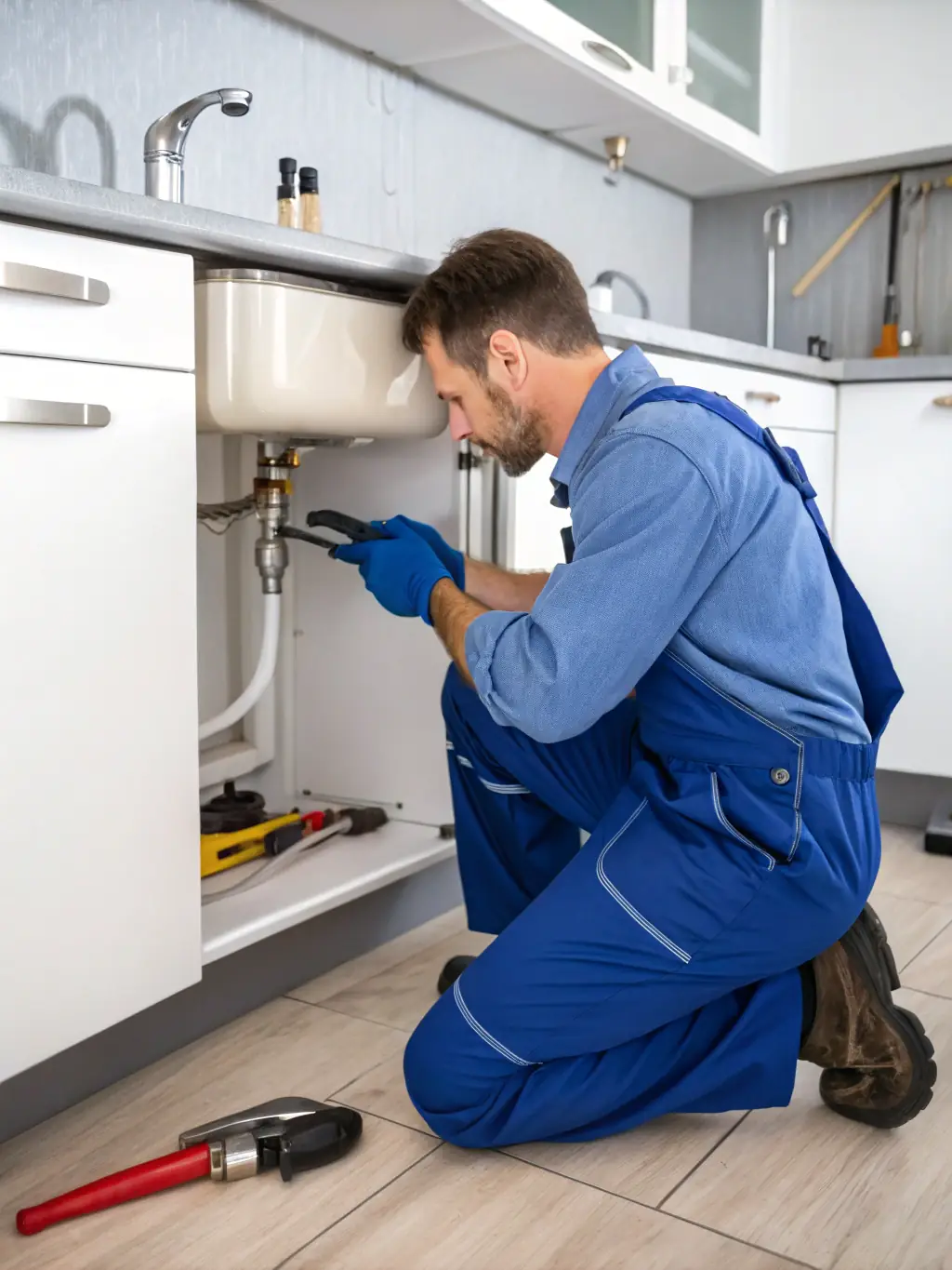 A plumber urgently fixing a leaking pipe under a kitchen sink, water spraying everywhere, emphasizing the emergency nature of the situation.