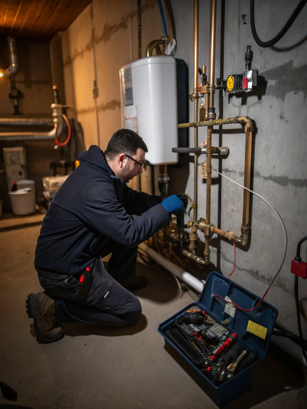 A plumber connecting a new boiler in a home, with pipes and connections being made.