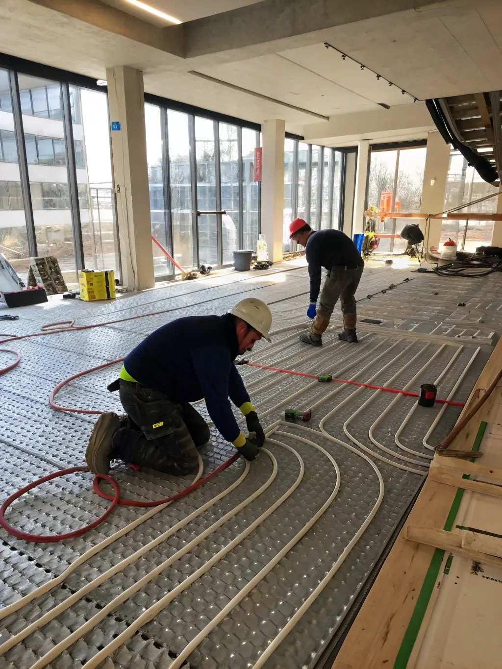 A detailed image of an underfloor heating system being installed, showing the piping and insulation layers before the floor is laid.
